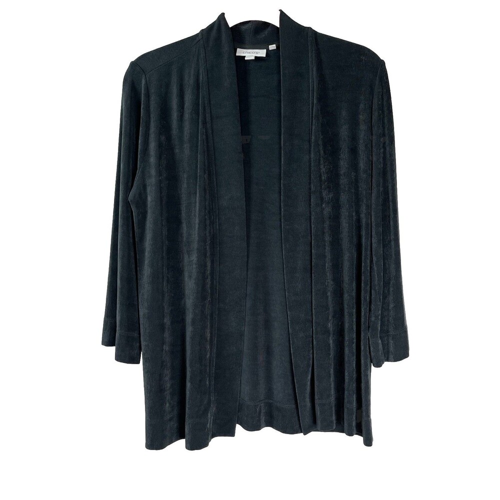 Chicos Slinky Knit cardigan Black 3/4 Sleeve Sweater Jacket Trendy Sz 1 M